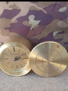 VTG Tiffany & Co USC Trojans Engraved Brass Swiss Made Alarm Swivel Clock as is